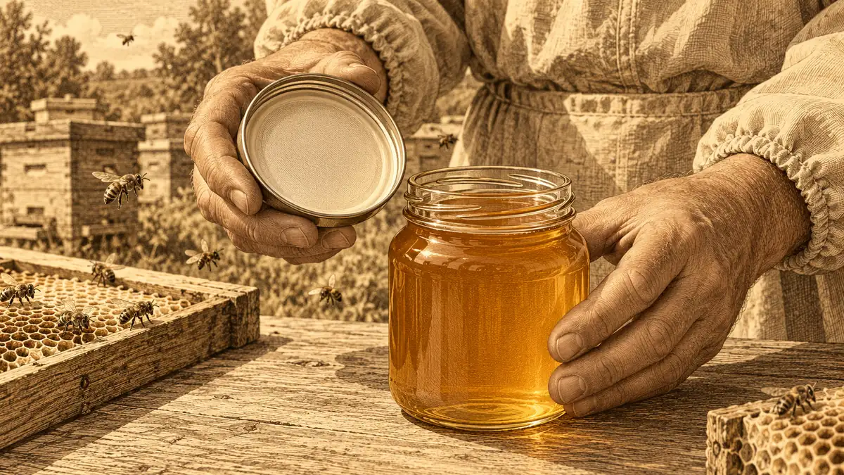 Осмотр горлышка банки с мёдом и внутренней стороны крышки