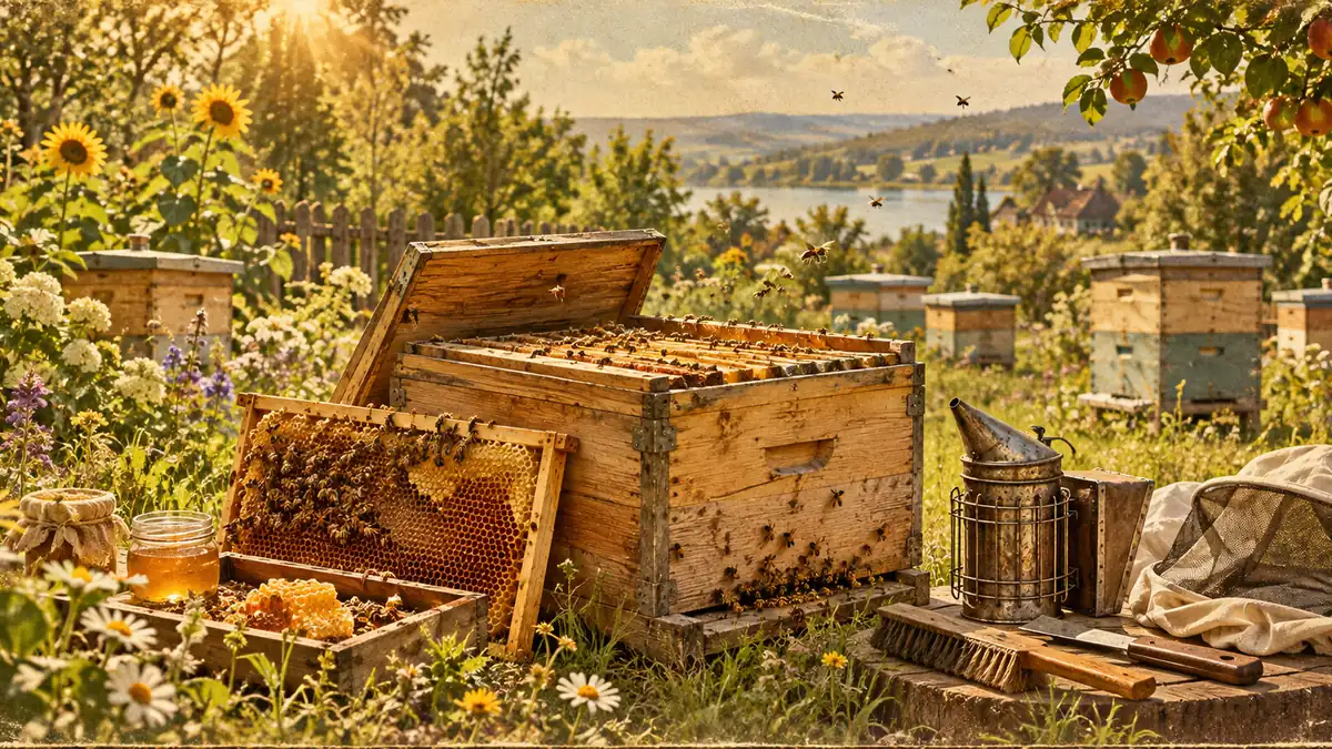 Небольшая пасека с ульями и пчеловодом во время сезонных работ