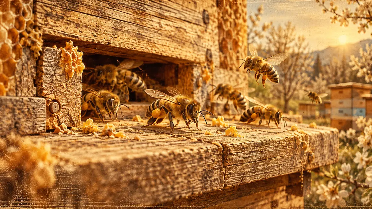 Пчёлы на прилётной доске весной