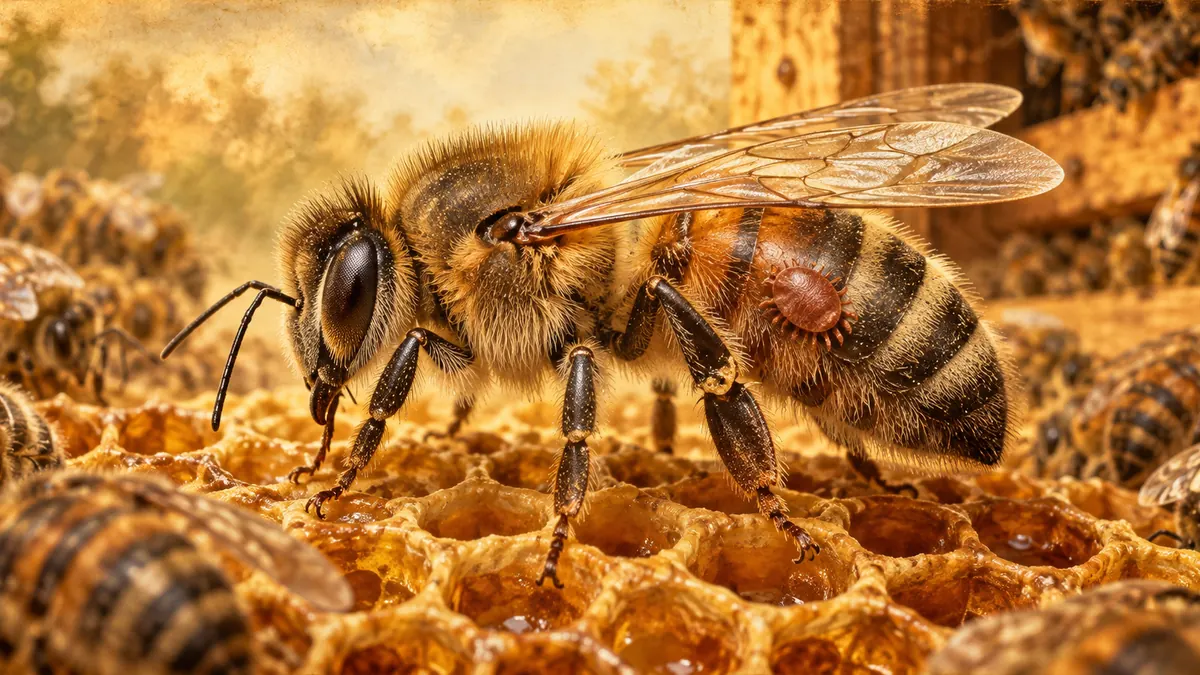 Клещ Varroa destructor на взрослой пчеле крупным планом