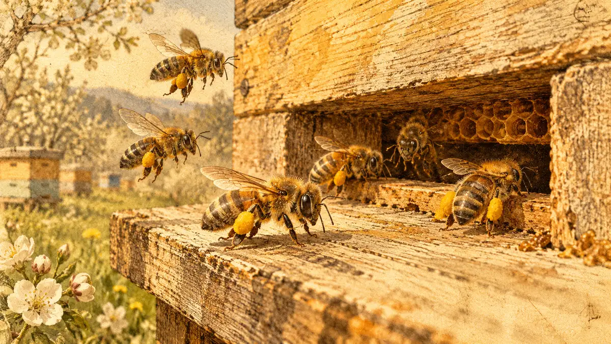 Пчёлы несут пыльцу в улей ранней весной